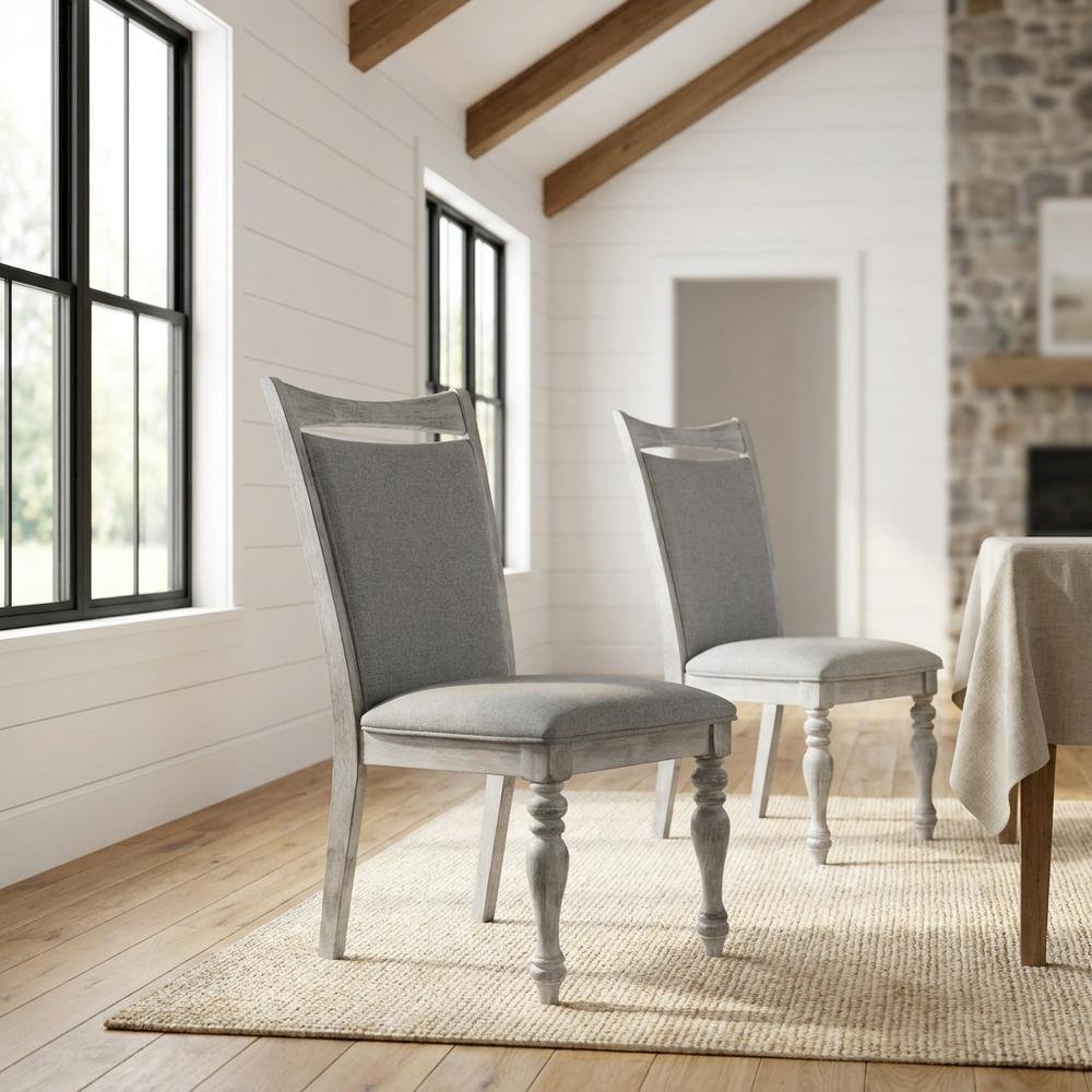 Upholstered Turned-Leg Dining Chairs, White, Set of 2