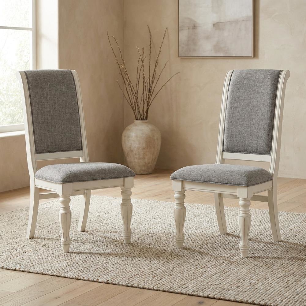 Solid Wood Upholstered Dining Chairs, White, Set of 2
