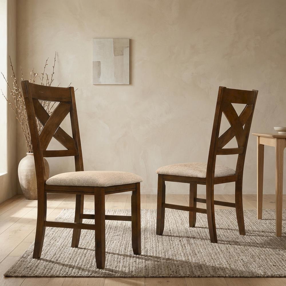 Solid Wood Upholstered Dining Chairs, Brown, Set of 2