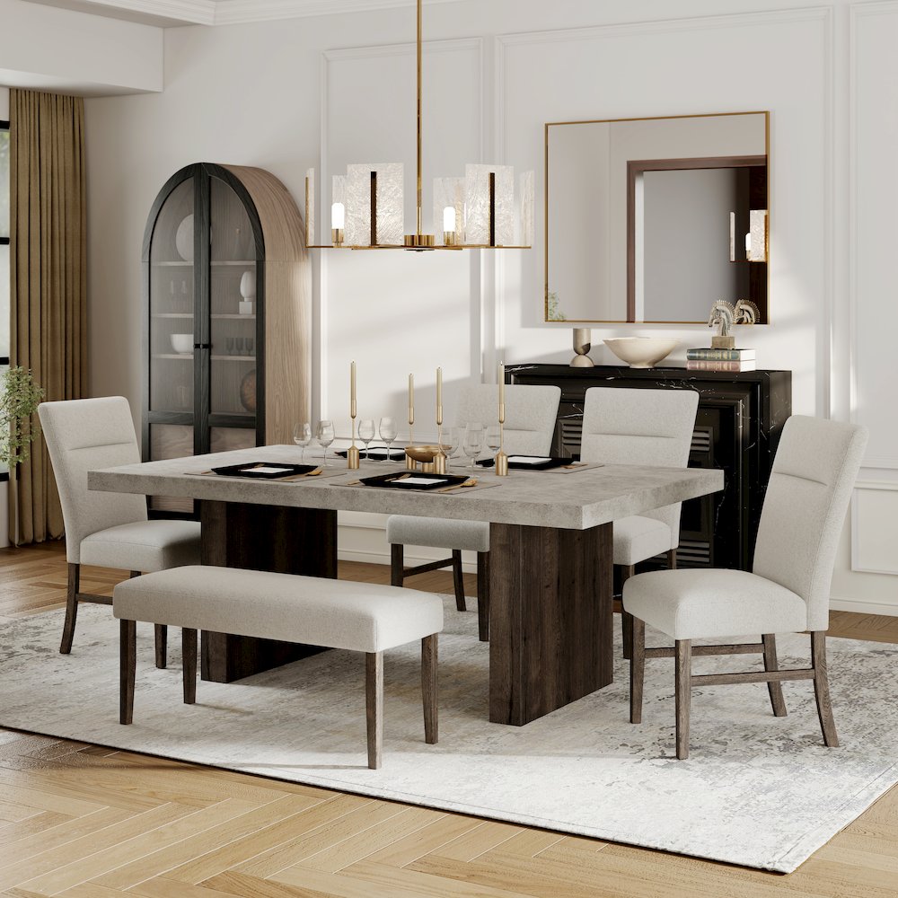 Sorlen Modern 6-Piece Dining Set, 3D Faux Concrete Table with 4 Chairs and Bench