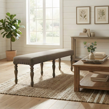 Microfiber Upholstered Entryway Bench with Nail-Head Trim, Bedroom Seat, Beige