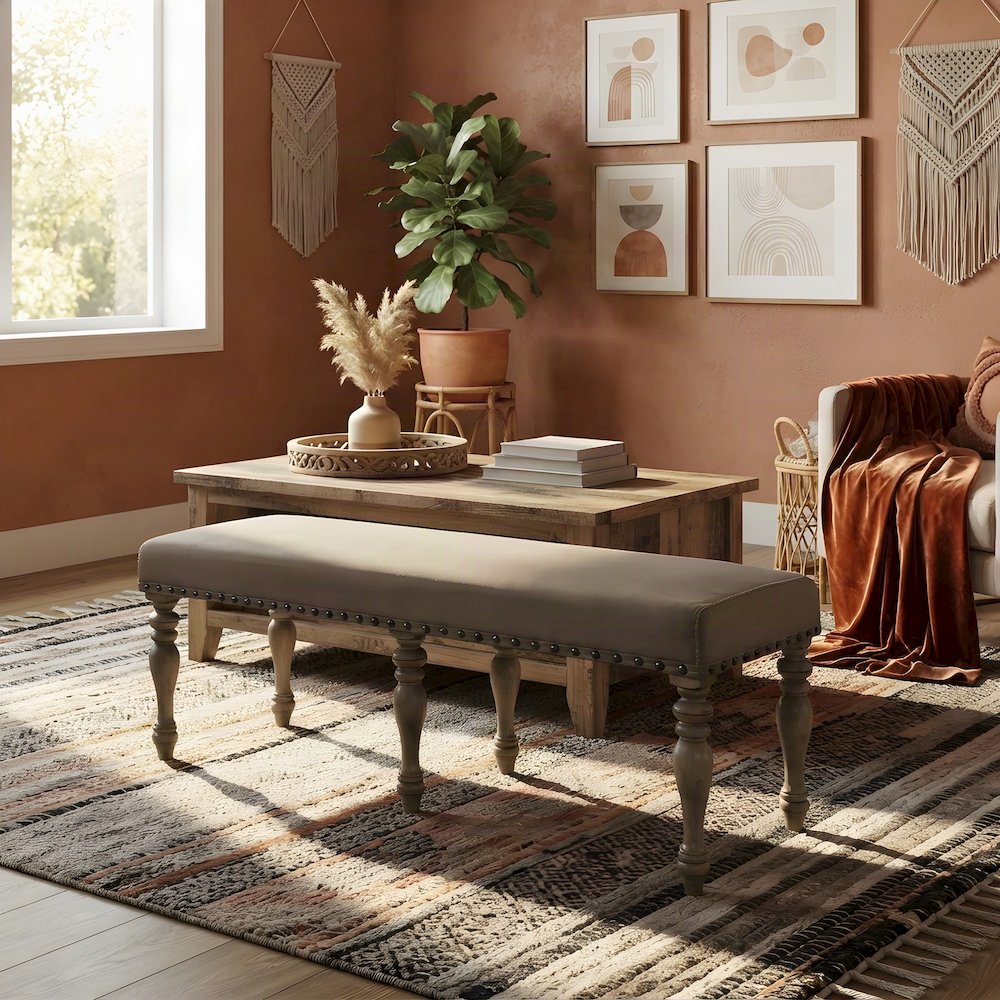 Microfiber Upholstered Entryway Bench with Nail-Head Trim, Bedroom Seat, Beige