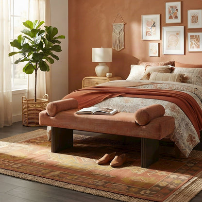 Upholstered Contemporary Bench with Foam Cushion, Bedroom End of Bed, Orange