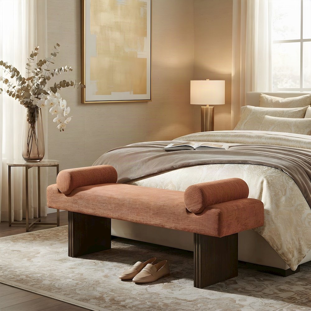 Upholstered Contemporary Bench with Foam Cushion, Bedroom End of Bed, Orange