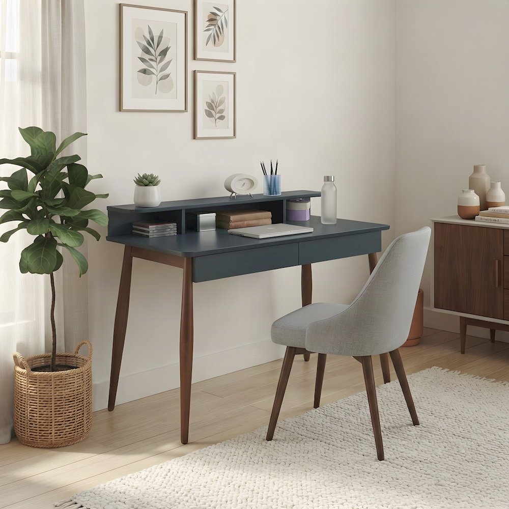 Mid-Century Modern Wood Study Writing Desk with Hutch and Storage, Grey