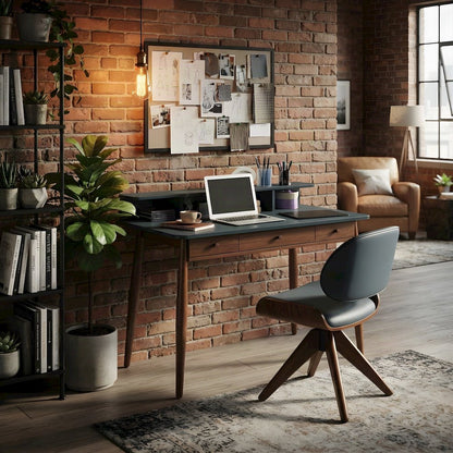 Mid-Century Modern Wood Study Writing Desk with Hutch and Storage, Grey