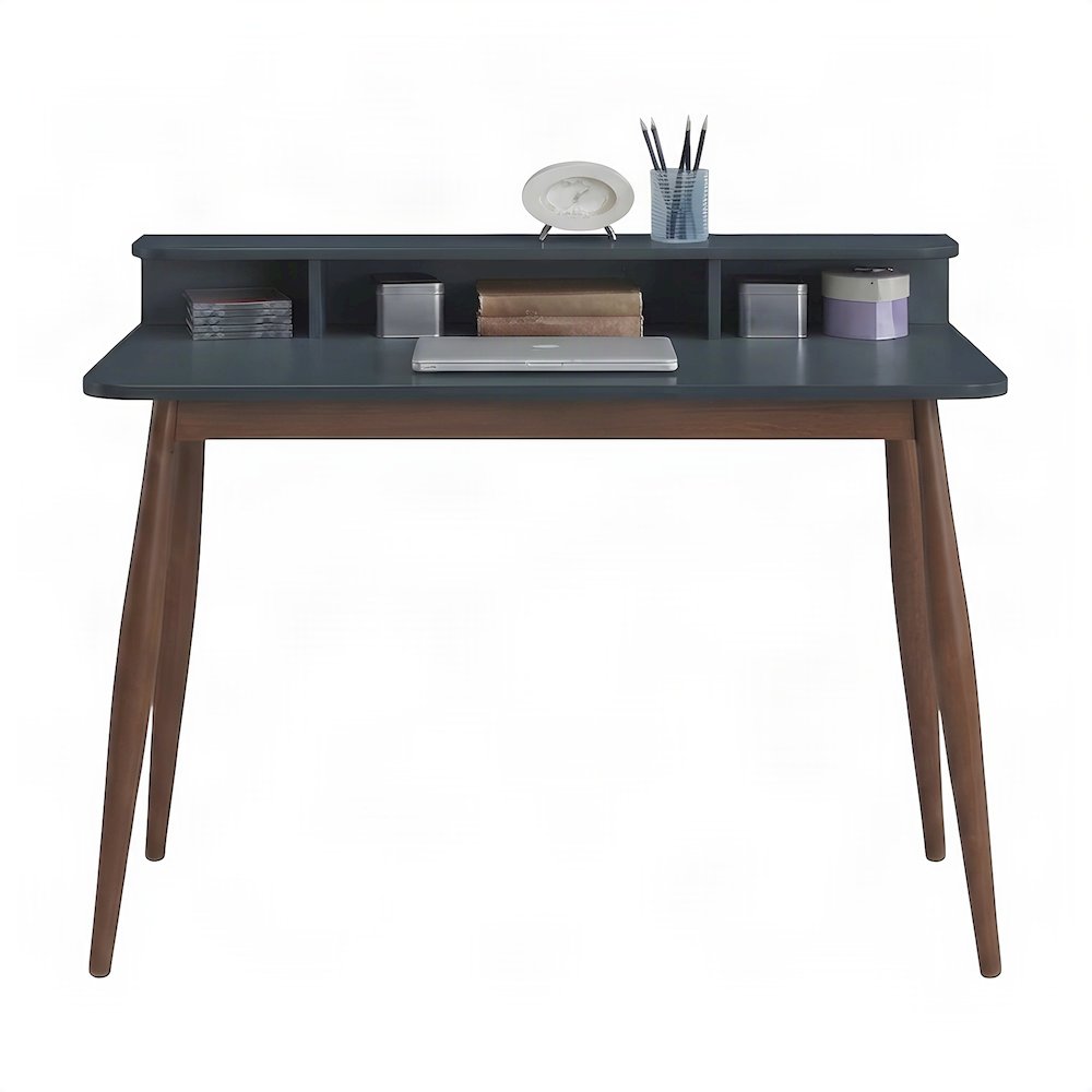 Mid-Century Modern Wood Study Writing Desk with Hutch and Storage, Grey