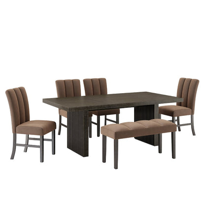 Madison 6-PC Dining Set, Slat-Fluted Table with 4 Chairs and a Bench, Chocolate