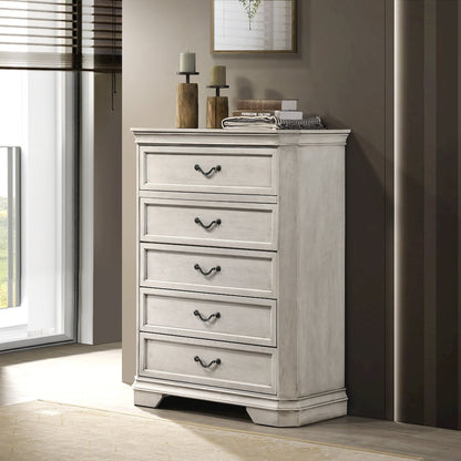 Maderne Wood 5-Drawer Chest, Antique White Finish