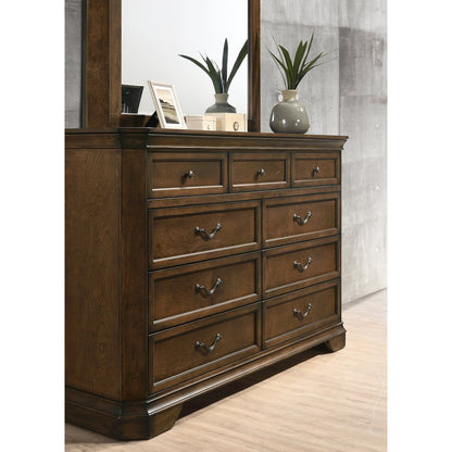 Wood Bed, Dresser, Mirror, 2 Nightstands, Chest, King, Antique Walnut Finish