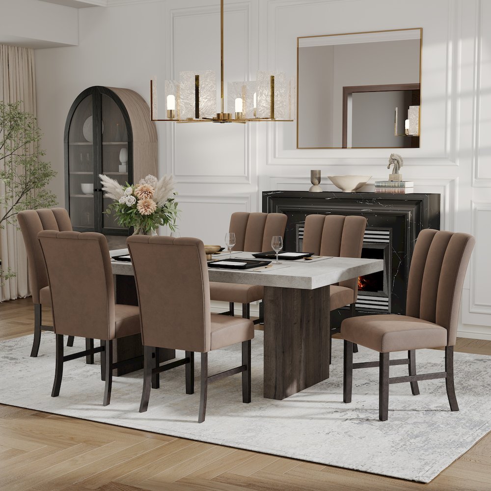 Sorlen 7-Piece Dining Set, 3D Faux Concrete Table with 6 Chocolate Fabric Chairs