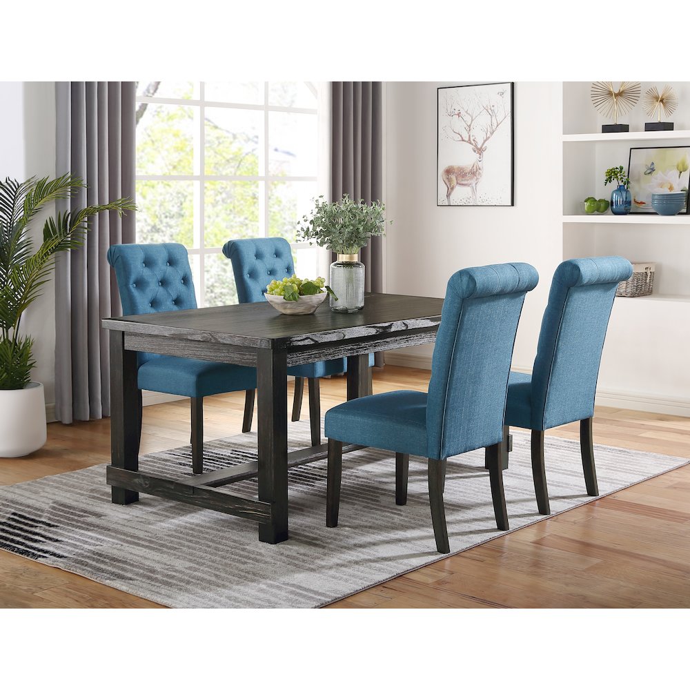 Leviton Antique Black Finished Wood Dining Set, Table with Four Chairs, Blue