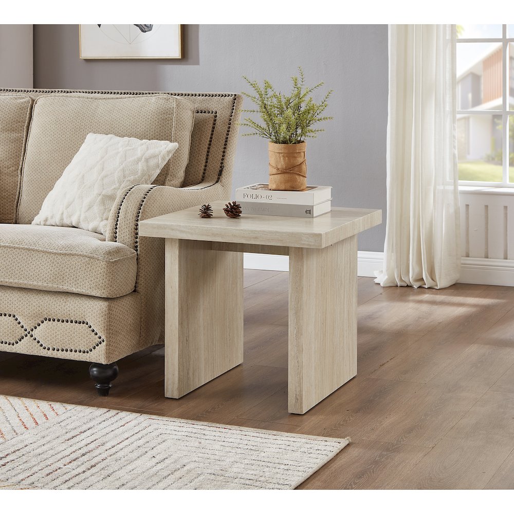 Cavira 3-Piece Faux Marble Coffee Table Set, Table and Two End Tables, Beige