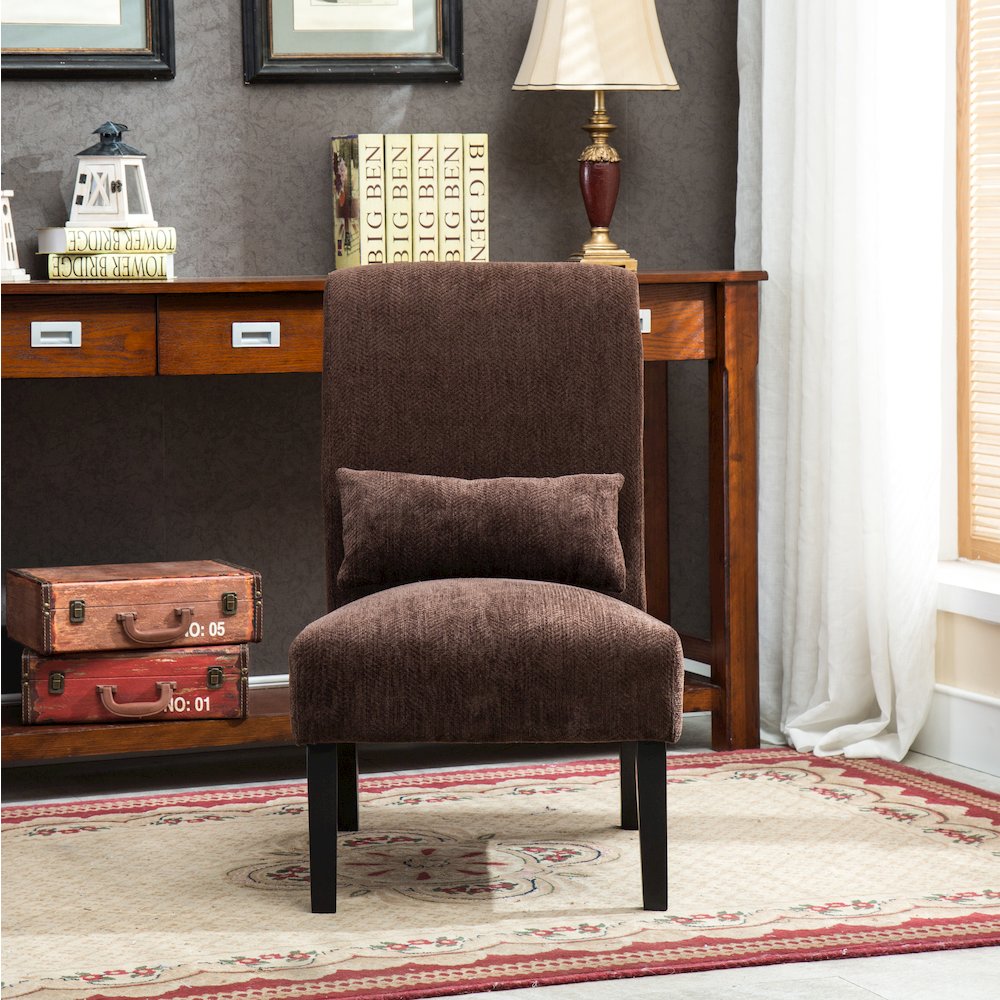 Pisano Chocolate Fabric Armless Accent Chair with Matching Kidney Pillow