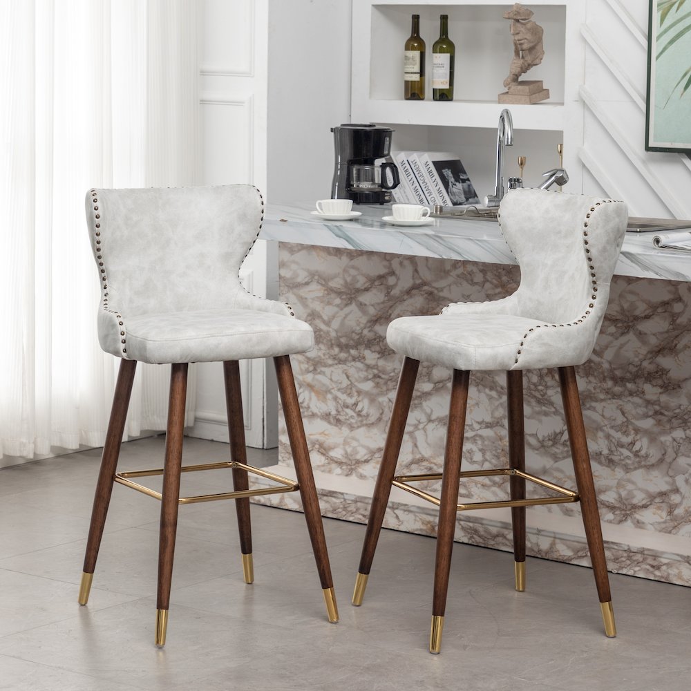 Nevis Modern Faux Leather Tufted Nailhead Trim Barstool Set of 2, Off-White