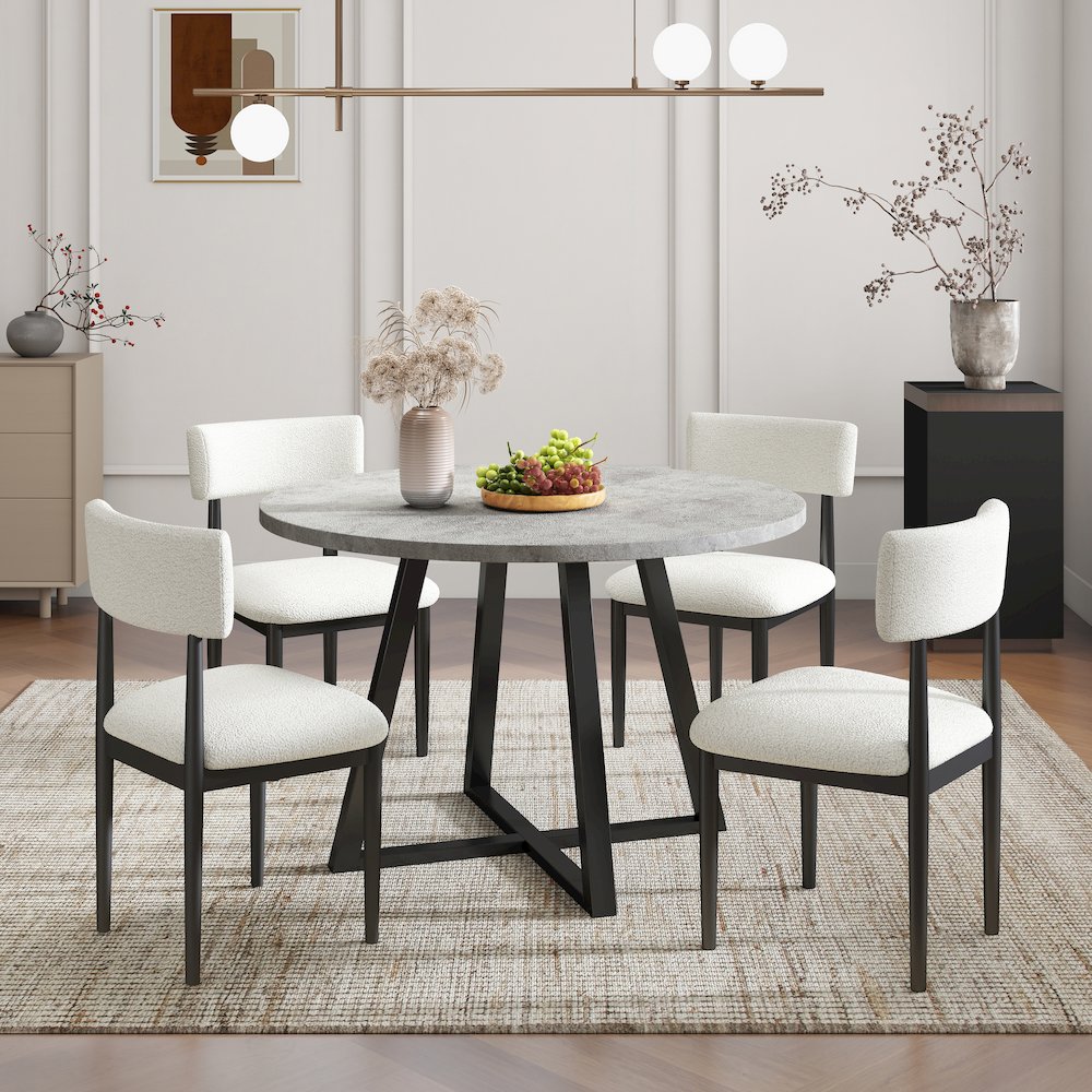 Edo 5-Piece Dining Set, Round Trestle Table and 4 Chairs, Gray and Black