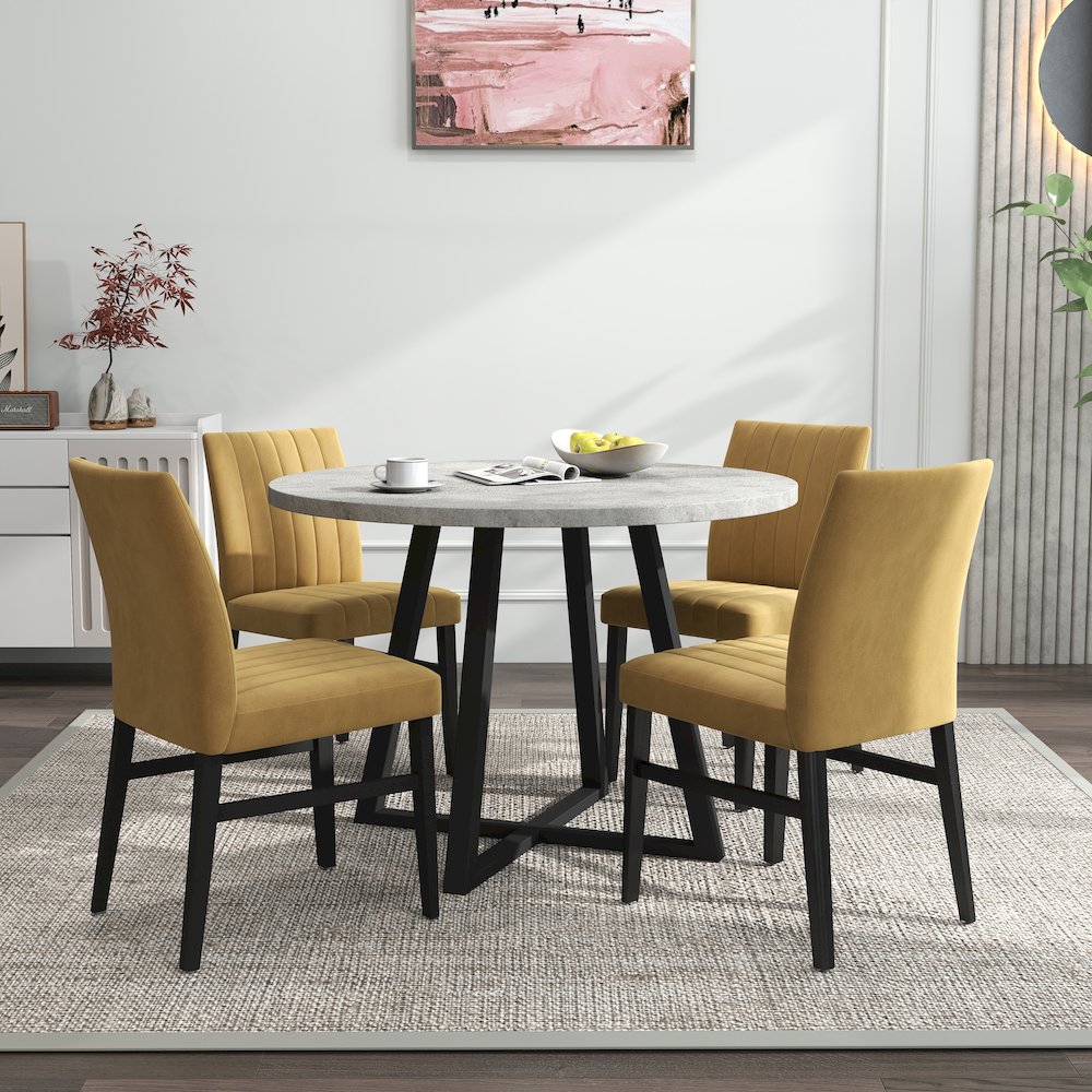 Edo 5-Piece Dining Set, Round Trestle Table and 4 Chairs, Gray and Yellow