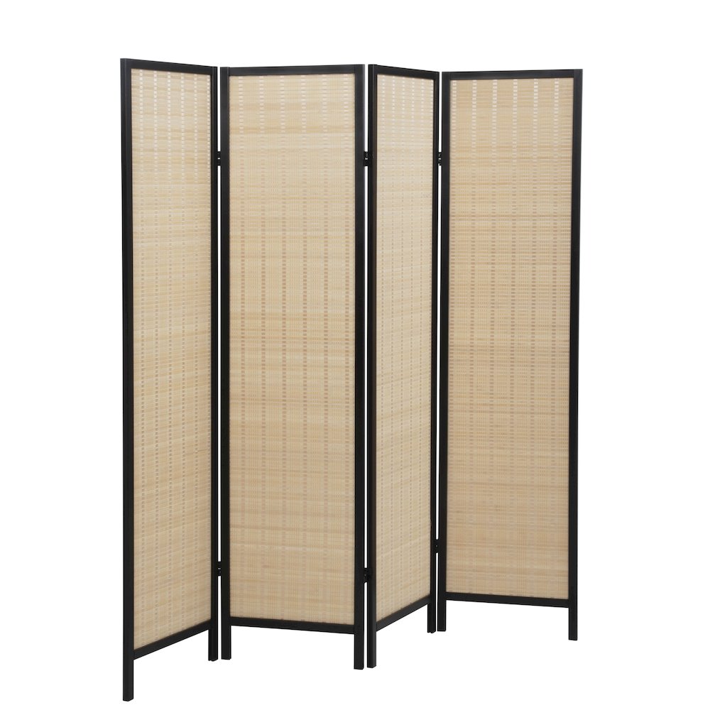 Inkwell 4-Panel Bamboo Room Divider, Folding Screen, Natural with Black Frame