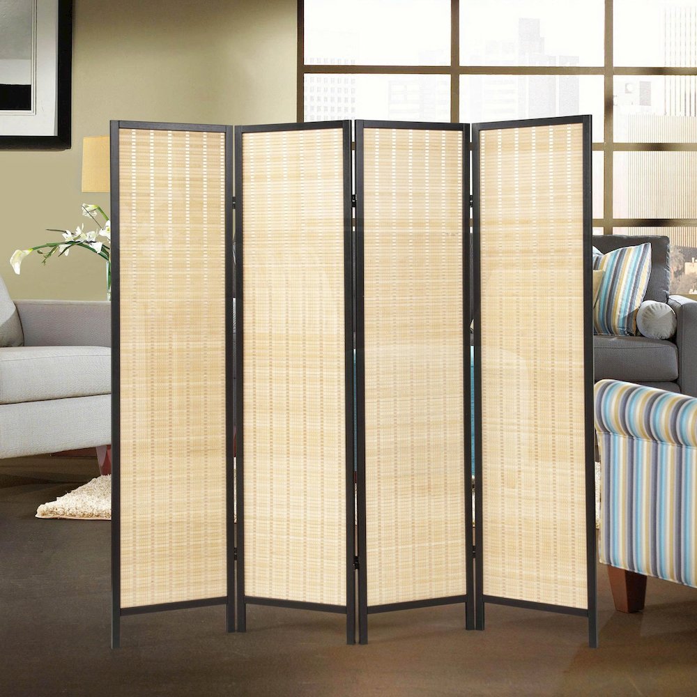 Inkwell 4-Panel Bamboo Room Divider, Folding Screen, Natural with Black Frame