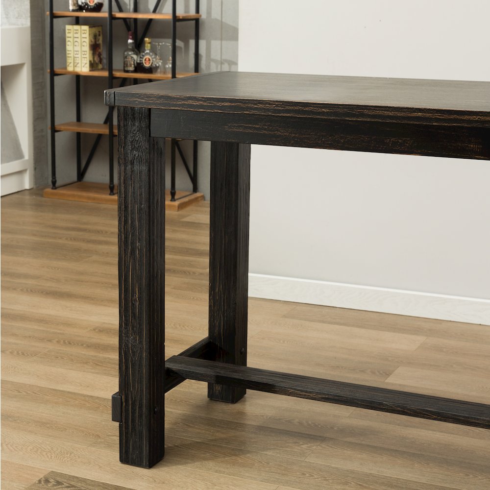 7-Piece Bar Height Antique Black Wood Dining Table, 6 Brown Faux Leather Chairs