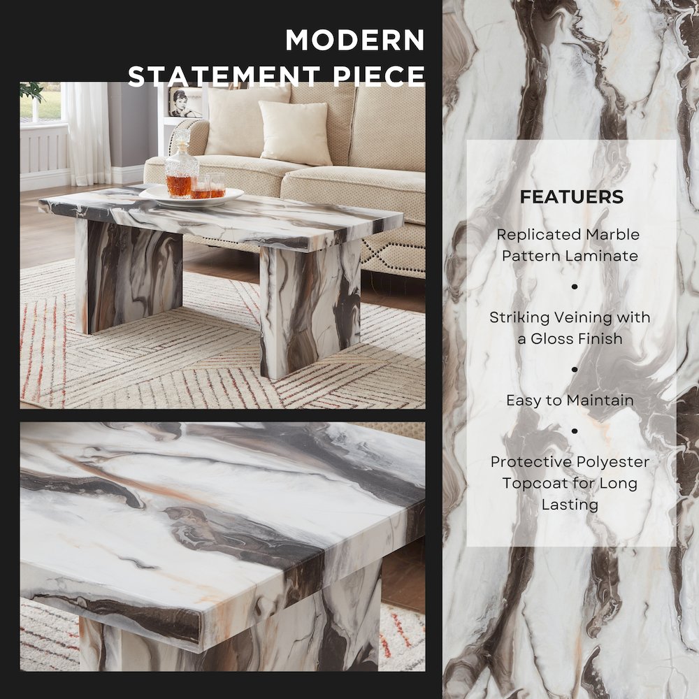 Cavira 3-Piece Faux Marble Coffee Table Set, Table and Two End Tables, Off-white