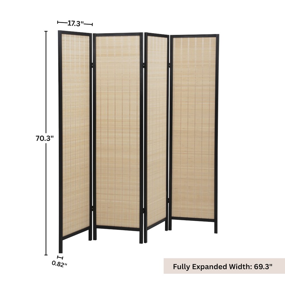 Inkwell 4-Panel Bamboo Room Divider, Folding Screen, Natural with Black Frame