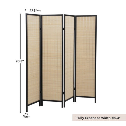 Inkwell 4-Panel Bamboo Room Divider, Folding Screen, Natural with Black Frame