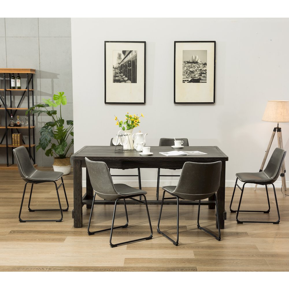 7-Piece Antique Black Finish Wood Dining Table, 6 Gray Faux Leather Chairs Set