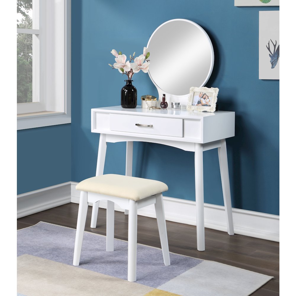 Maly Contemporary Wood Vanity and Stool Set, White