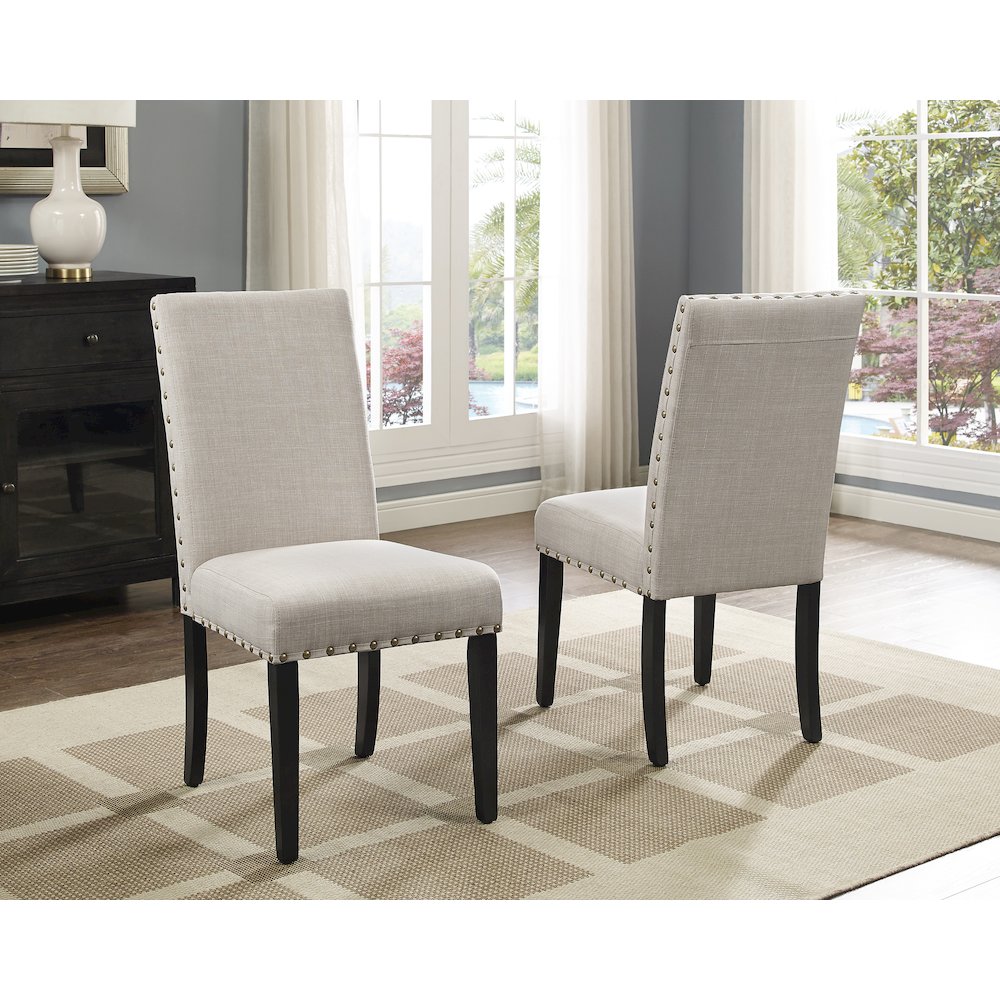 Biony Espresso Wood Dining Set with Tan Fabric Nailhead Chairs, 5-Pc