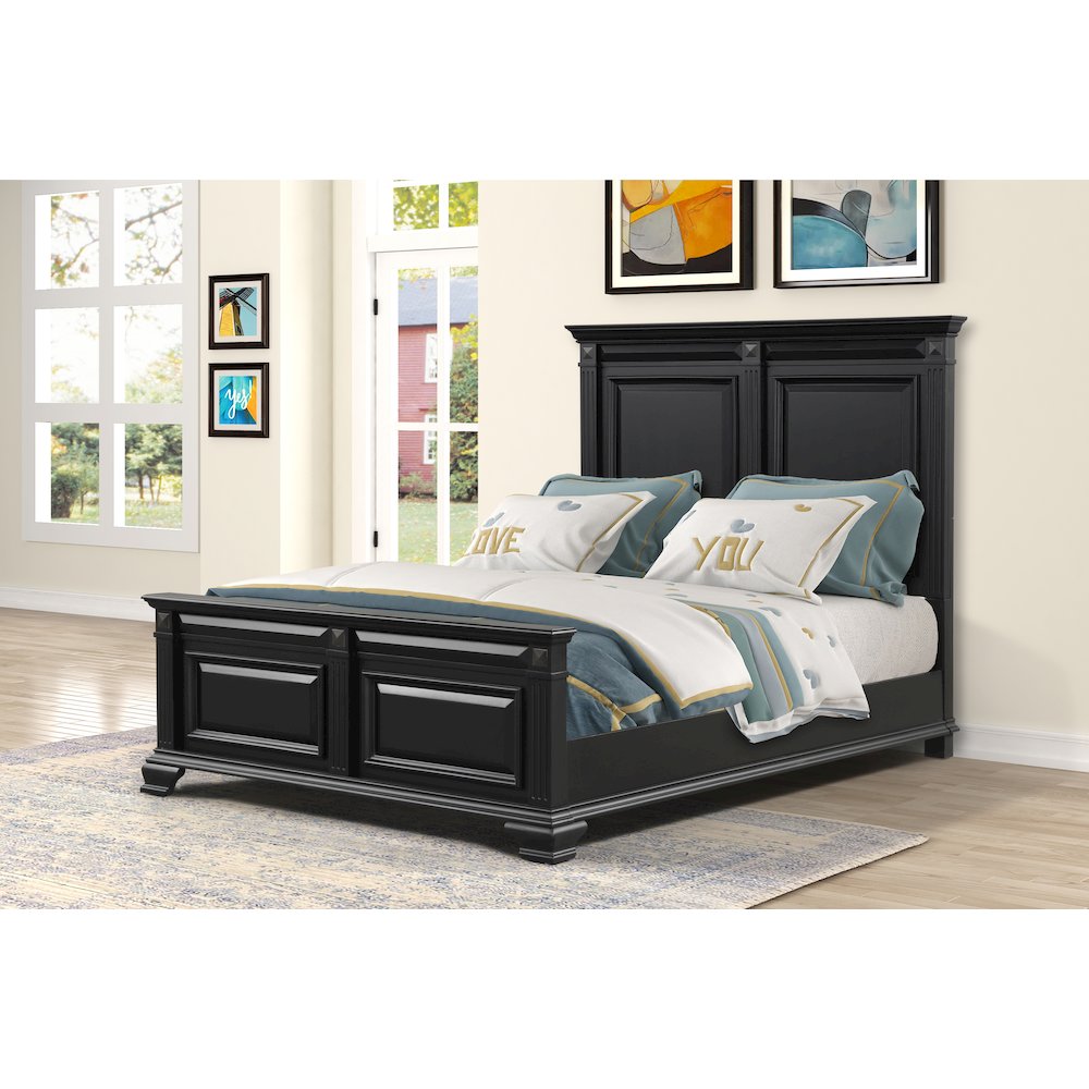 Vintage Black Wood Bedroom Set, Queen Bed, Dresser, Mirror,2 Nightstands, Chest