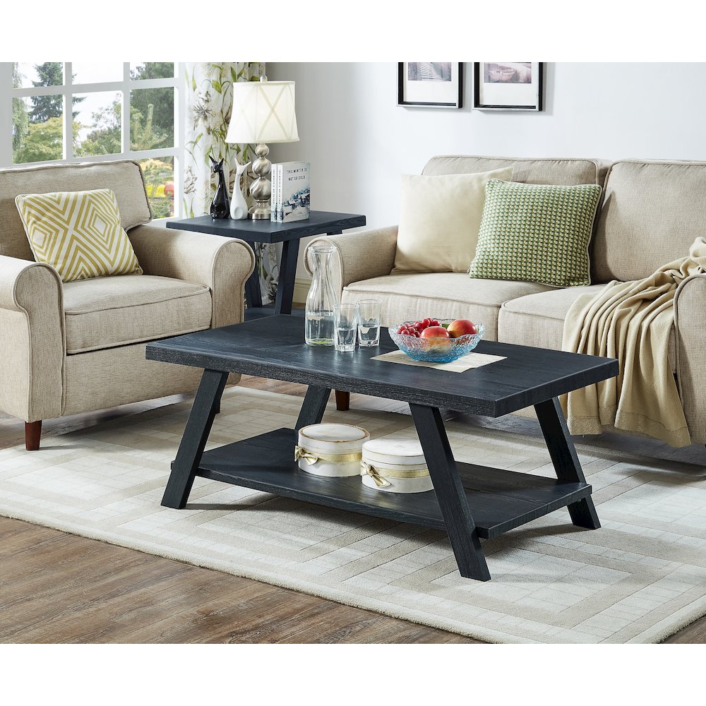 Athens Contemporary Replicated Wood Shelf Coffee Set Table in Black Finish