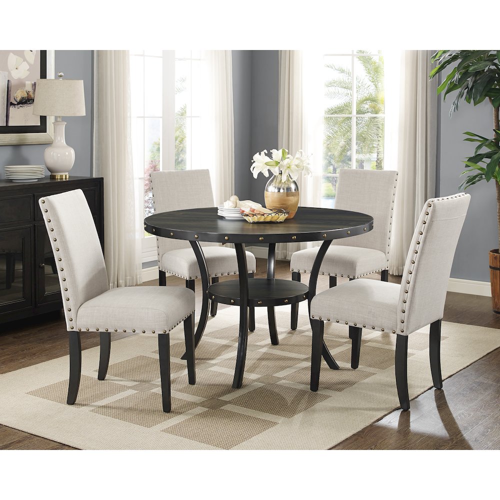Biony Espresso Wood Dining Set with Tan Fabric Nailhead Chairs, 5-Pc