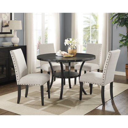 Biony Espresso Wood Dining Set with Tan Fabric Nailhead Chairs, 5-Pc