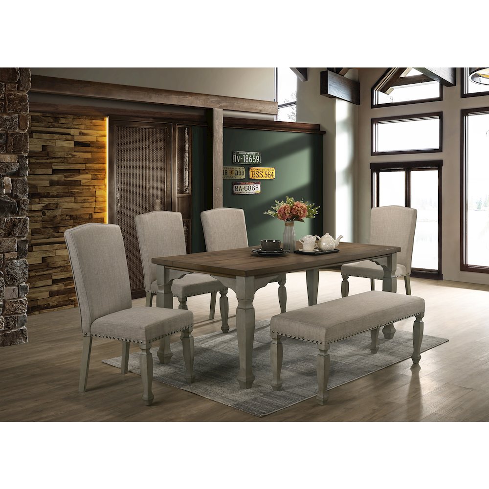 Breda Antique Gray and Dark Oak Finished Wood Dining Set, Table, Bench, Chairs