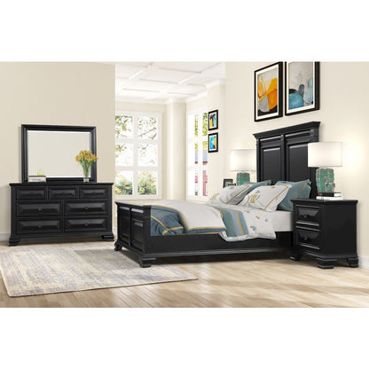 Vintage Black Wood Bedroom Set, Queen Bed, Dresser, Mirror,2 Nightstands, Chest