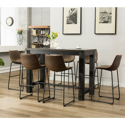 7-Piece Bar Height Antique Black Wood Dining Table, 6 Brown Faux Leather Chairs