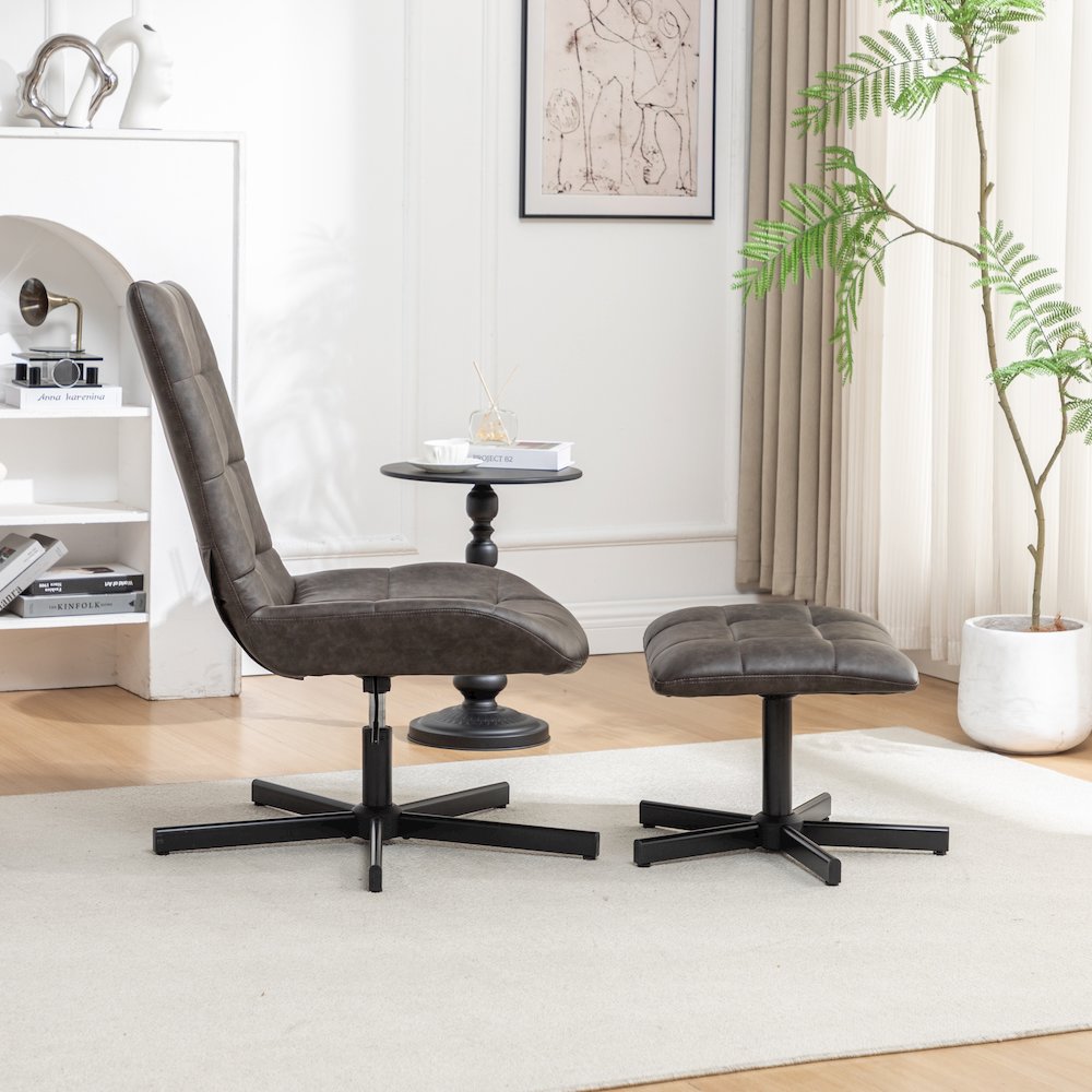 Arlena 2-Piece Seating Set, Faux Leather Tufted Accent Chair and Ottoman, Brown