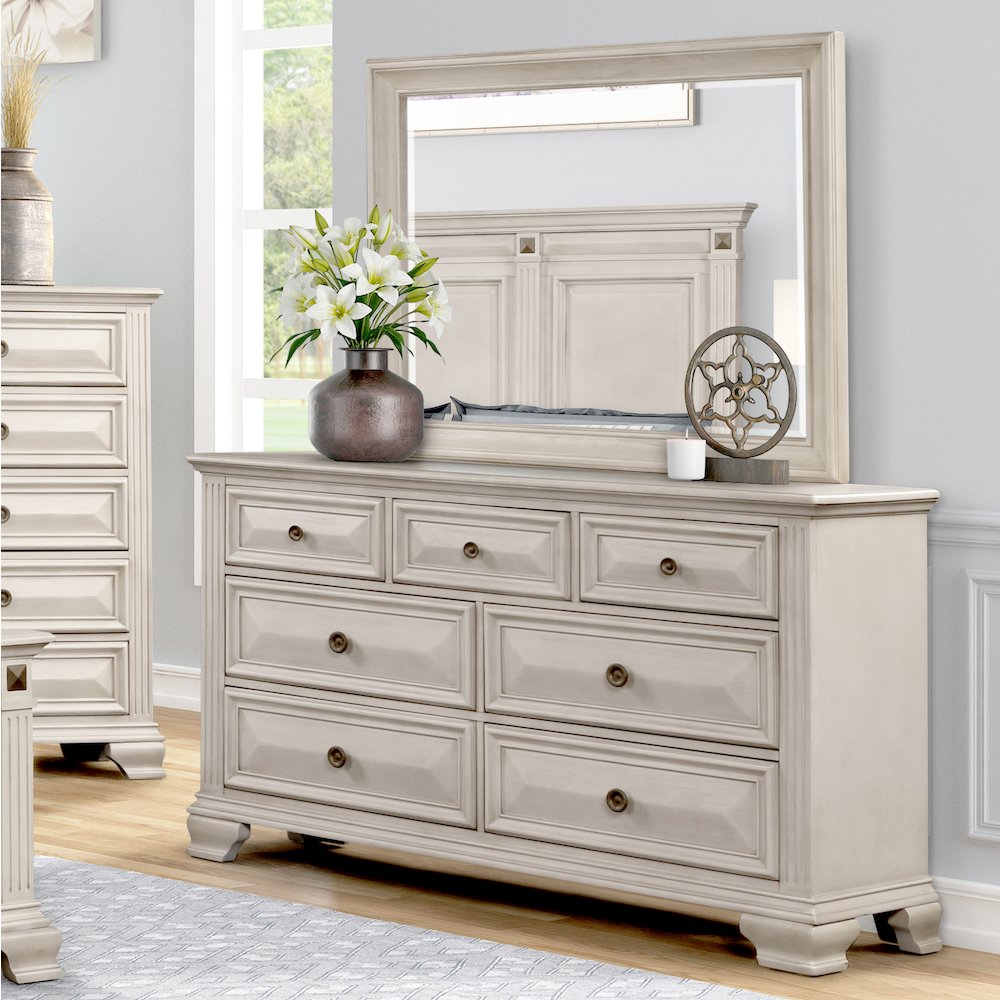 Parchment Wood Bedroom Set, Queen Panel Bed, Dresser, Mirror, Nightstand, Chest
