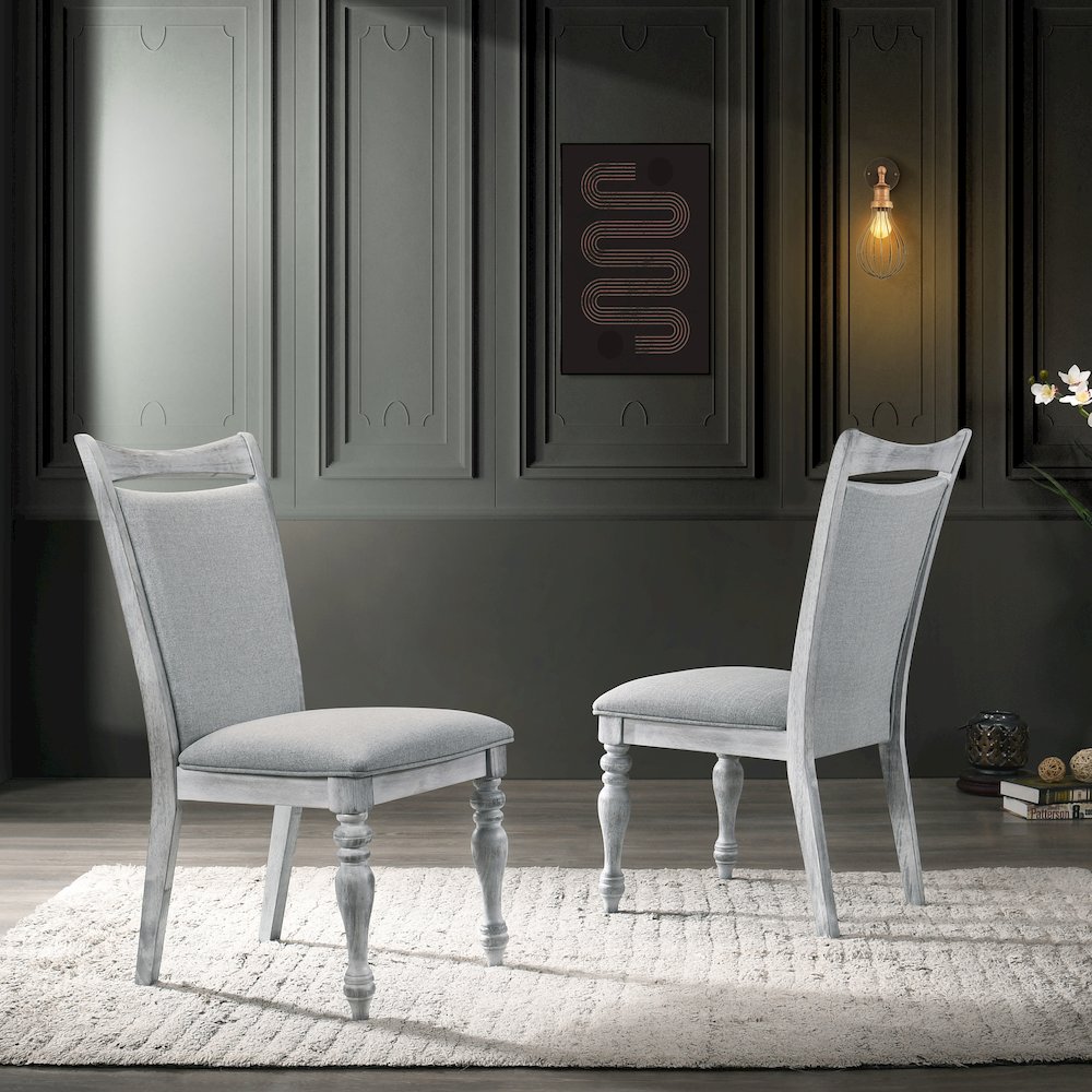 Iris 5-Pc Dining Set Pedestal Table with 4 Chairs, Weathered White and Gray
