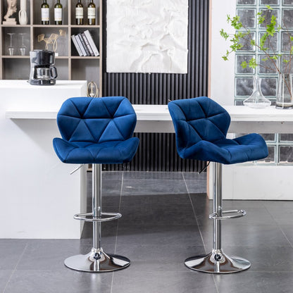 Breni Velvet Diamond Tufted Swivel Adjustable Height Barstool, Set of 2, Blue