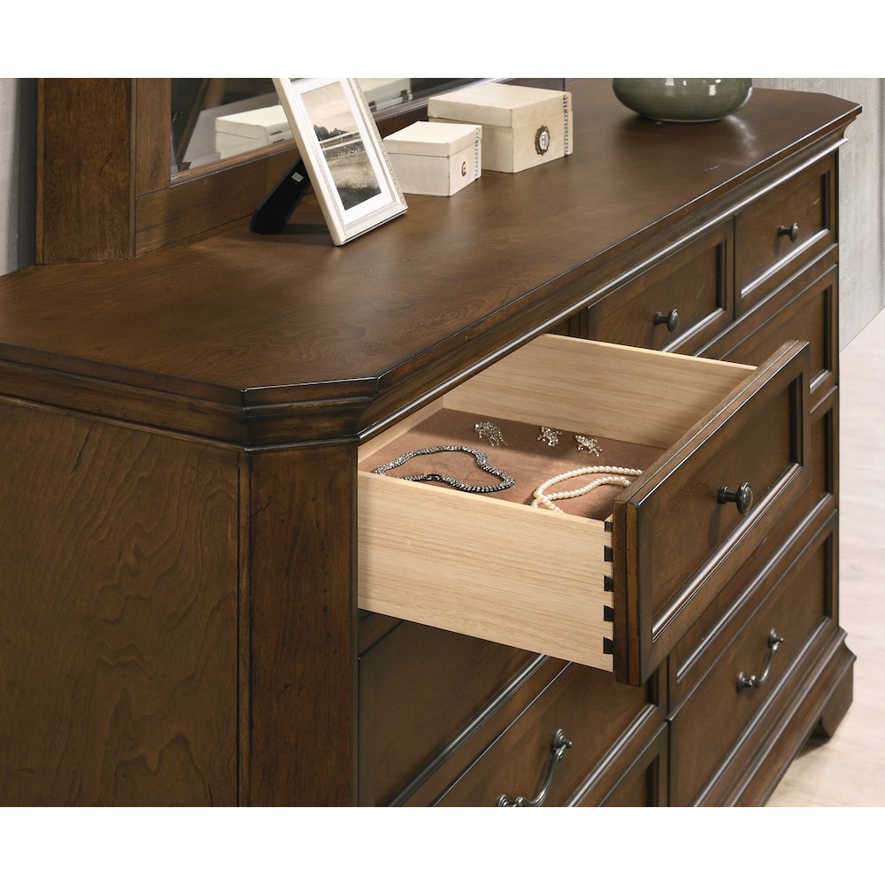 Wood Bed, Dresser, Mirror, 2 Nightstands, Chest, King, Antique Walnut Finish