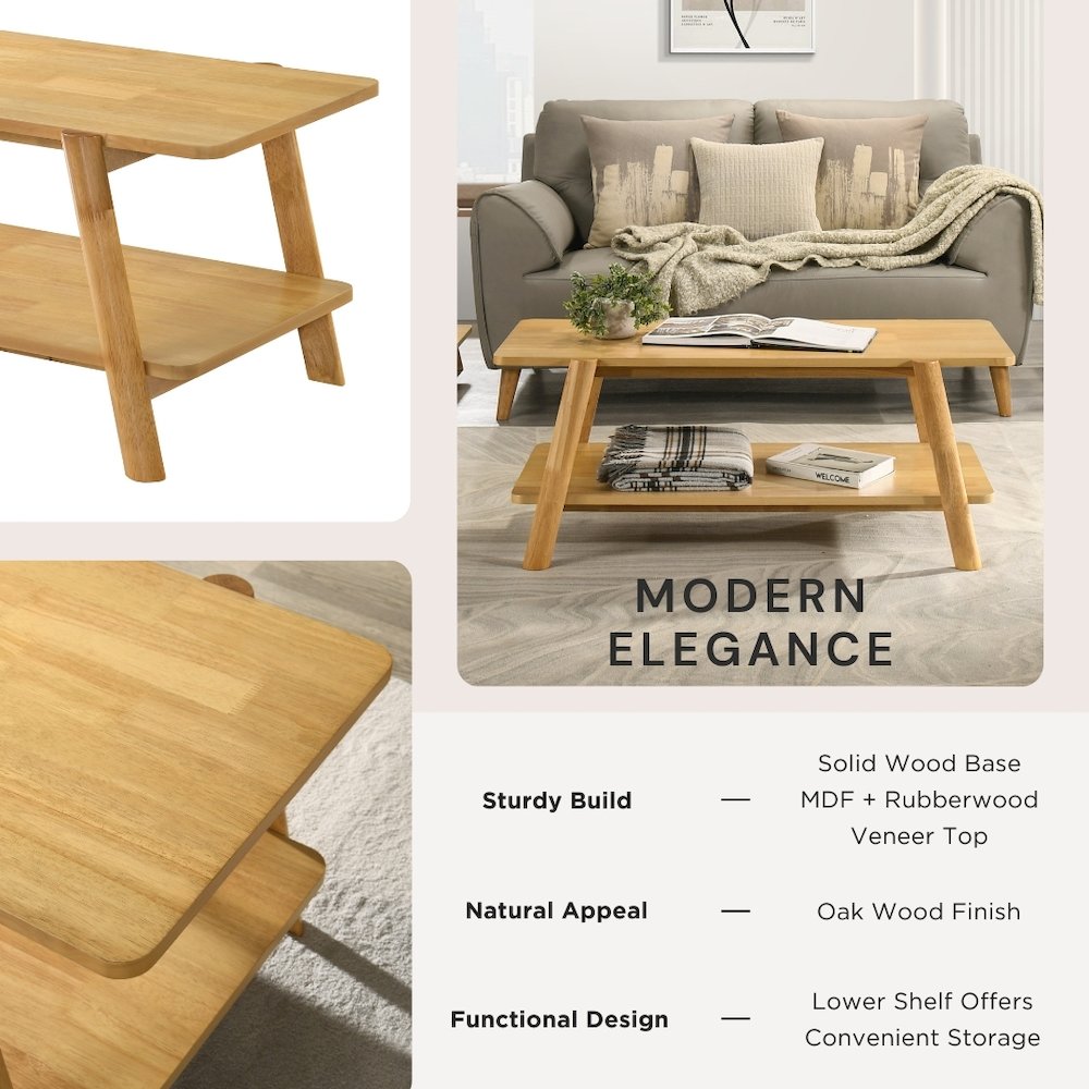Metz Mid-Century Modern Wood Shelf Coffee Table, Natural Oak Finish