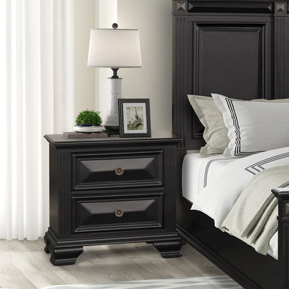 Vintage Black Wood Bedroom Set, Queen Bed, Dresser, Mirror,2 Nightstands, Chest
