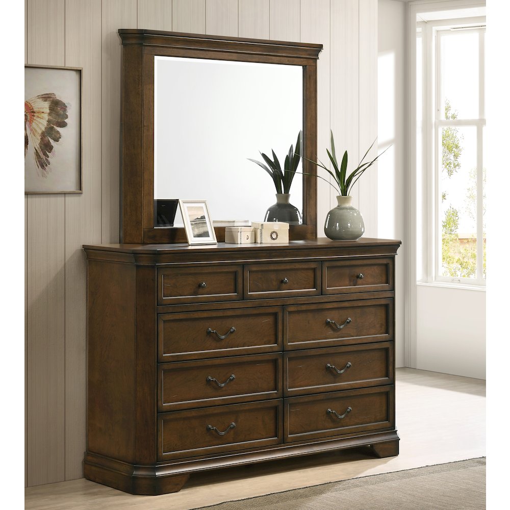Wood Bed, Dresser, Mirror, 2 Nightstands, Chest, King, Antique Walnut Finish