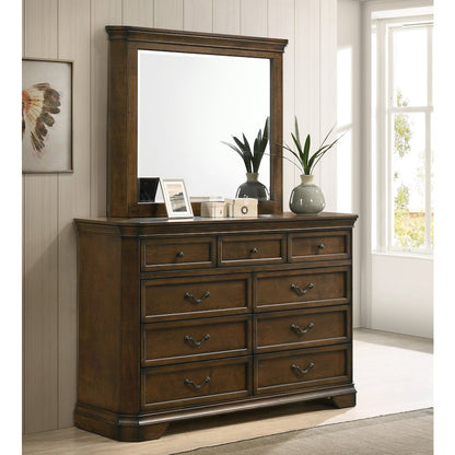 Wood Bed, Dresser, Mirror, 2 Nightstands, Chest, King, Antique Walnut Finish