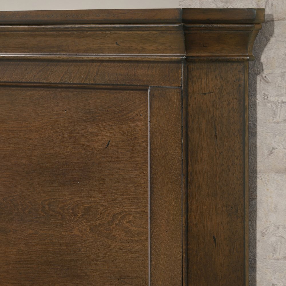 Wood Bed, Dresser, Mirror, 2 Nightstands, Chest, King, Antique Walnut Finish