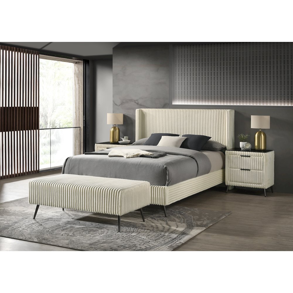 Mavela Wide Wale Corduroy Upholstery Panel Queen Bed with 2 Nightstands, Cream