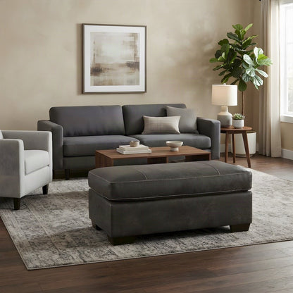 Contemporary Fabric Cocktail Ottoman with Solid Wood Legs, Footstool, Grey