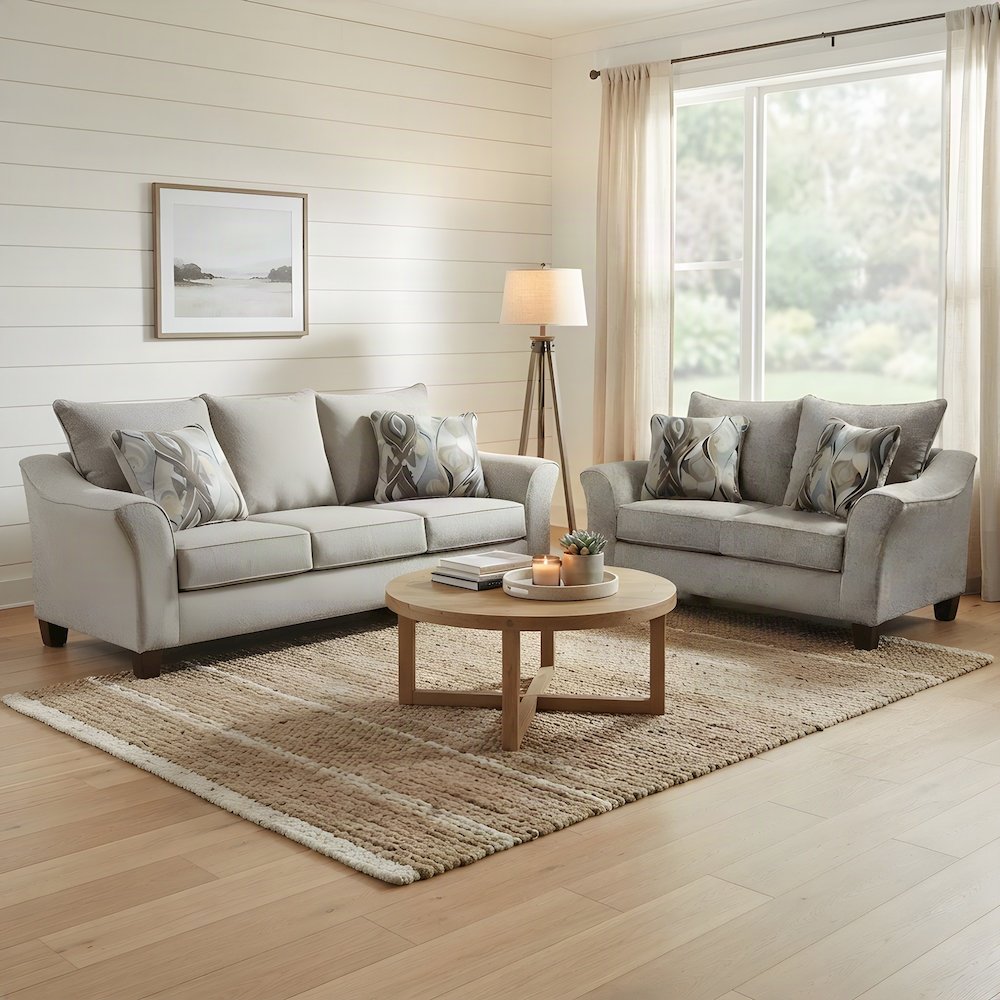 Fabric-Upholstered Pillowback Sofa and Loveseat Couch 2 Piece Set, Grey